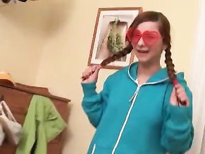 Pajama Modeling Teen In Cute Pigtails Strips Naked